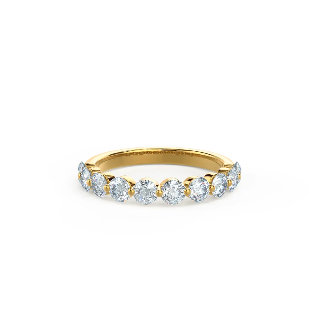Shared Prong Half Band Lab Diamond Wedding Band Rendering In Yellow Gold In Front View AD109