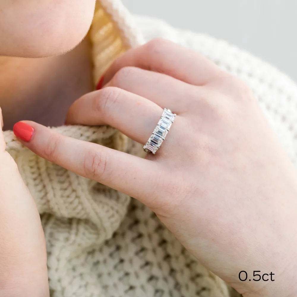2.5 carat emerald cut five stone lab diamond wedding ring platinum on model ada diamonds design ad239