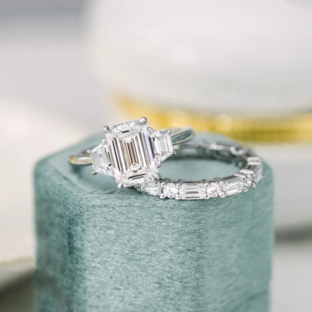 4ct emerald cut and trapezoid lab diamond engagement ring with wedding band in platinum ada diamonds design ad 465 and ad236
