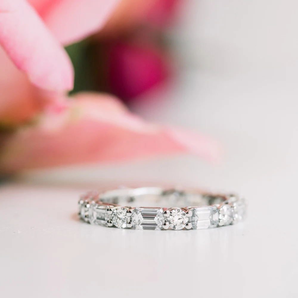 lab created diamond wedding band emerald and round