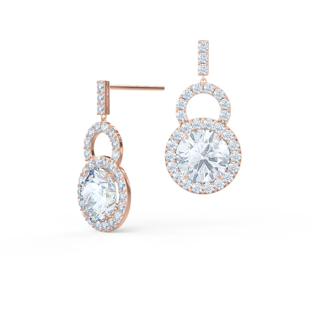 Royal Two Halo Lab Created Diamond Drop Earrings in Rose Gold Design-058