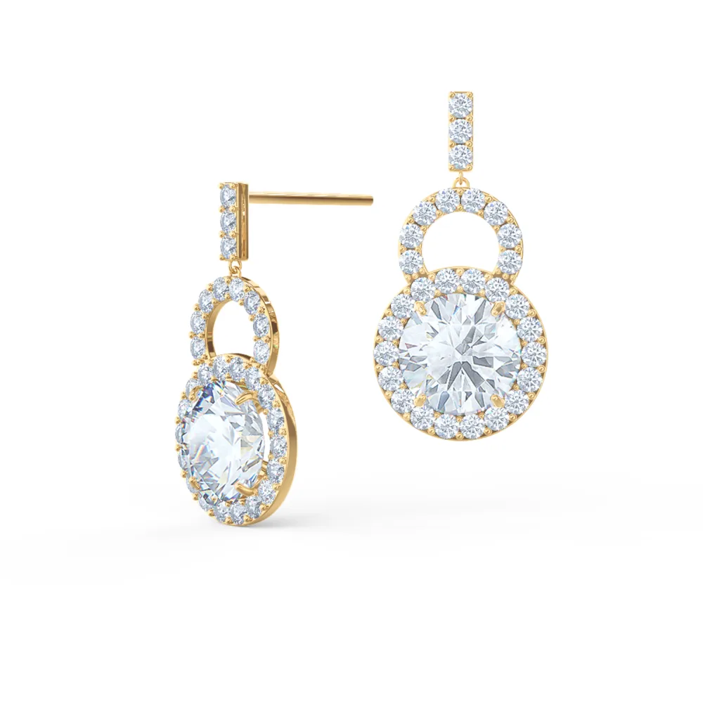 Royal Two Halo Lab Created Diamond Drop Earrings in Yellow Gold Design-058