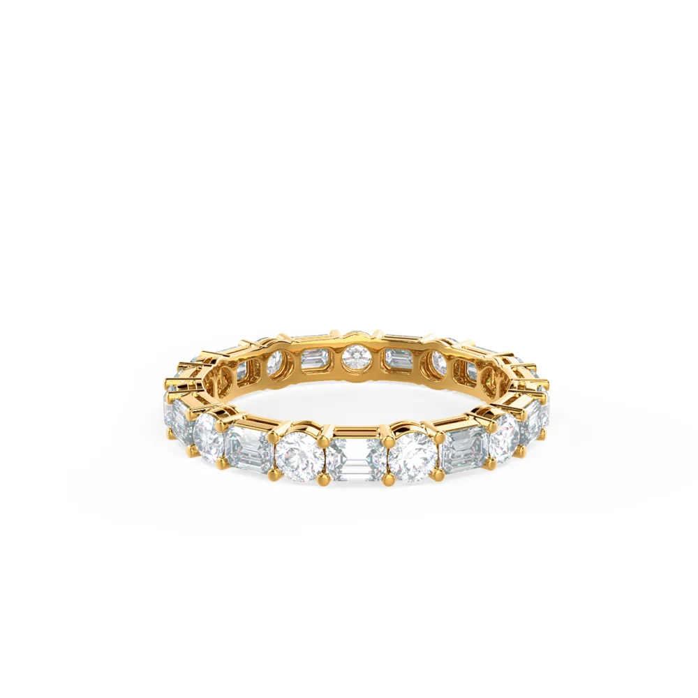 Lab Created Diamond East West Emerald and Round Band Rendering In Yellow Gold In Front View AD236