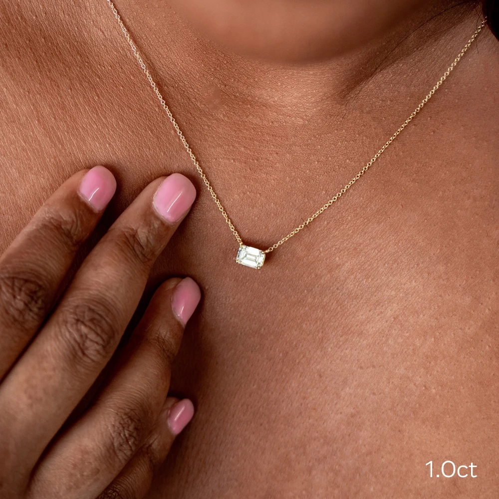 1 carat east west emerald cut lab diamond pendant necklace yellow gold ada diamonds design ad 298 on model