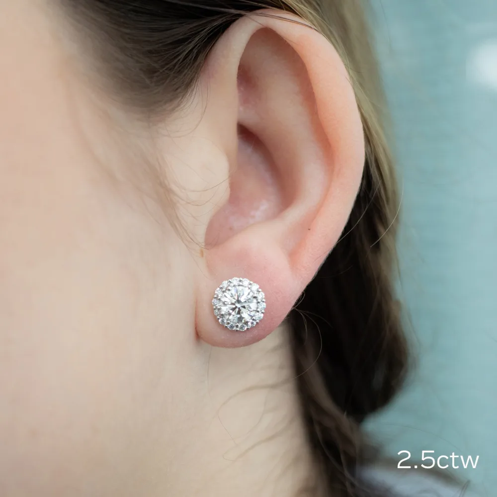 Platinum 2.5 Carat Round Halo Stud Earrings Made with Lab Diamonds Ada Diamonds Design AD-112 on Model