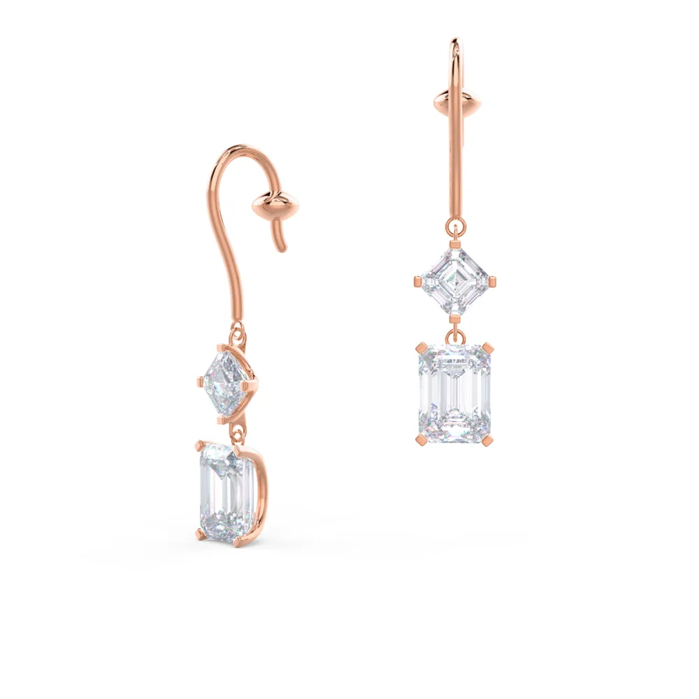 emerald and asscher cut drop earrings in rose gold