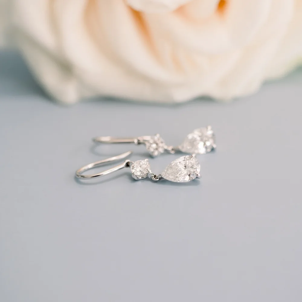 platinum 2.5 carat pear and round manmade diamond earrings ada diamonds design ad 382