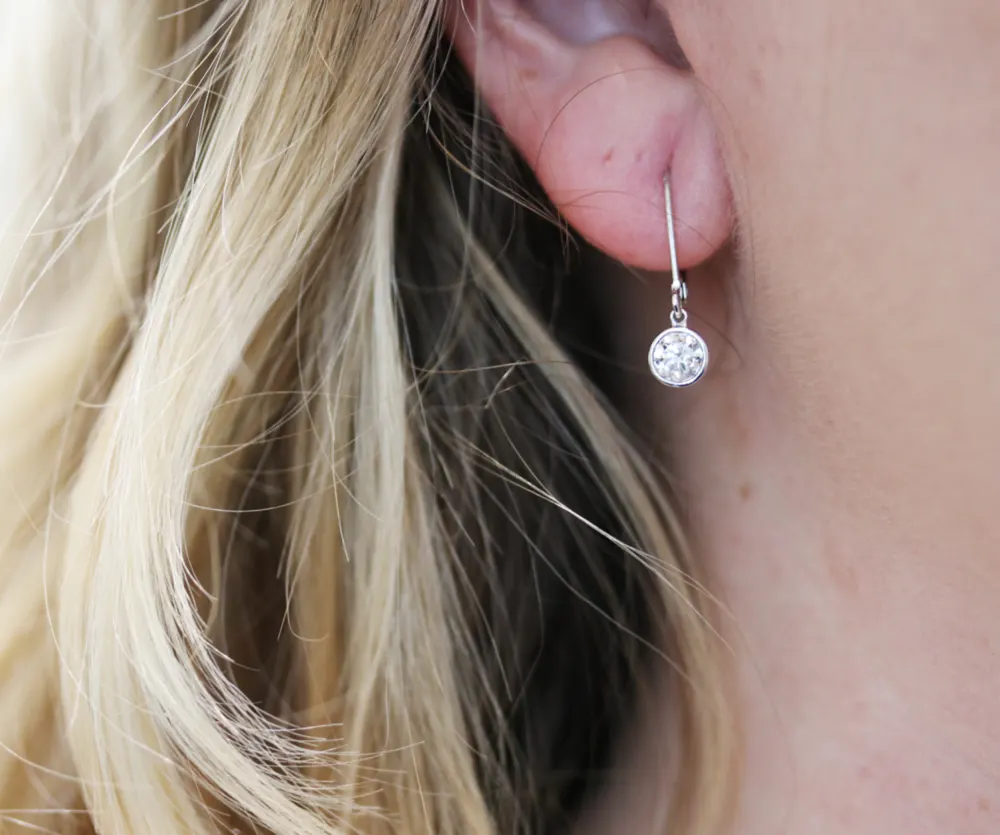Bezel Set Lab Created Diamond Drop Earrings in Platinum on Model Design-005
