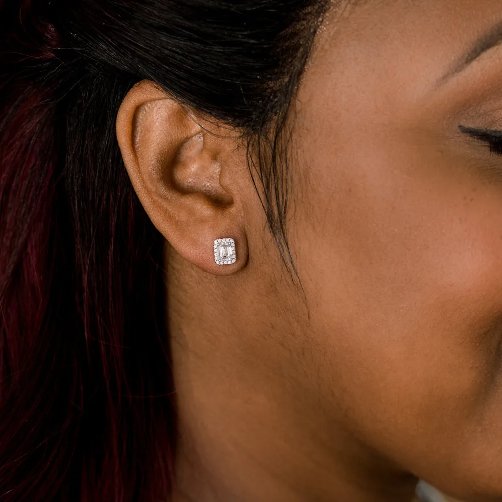 14k White Gold 1.5ct Emerald Cut Halo Stud Earrings Made with Lab Diamonds Ada Diamonds Design AD-196 on Model
