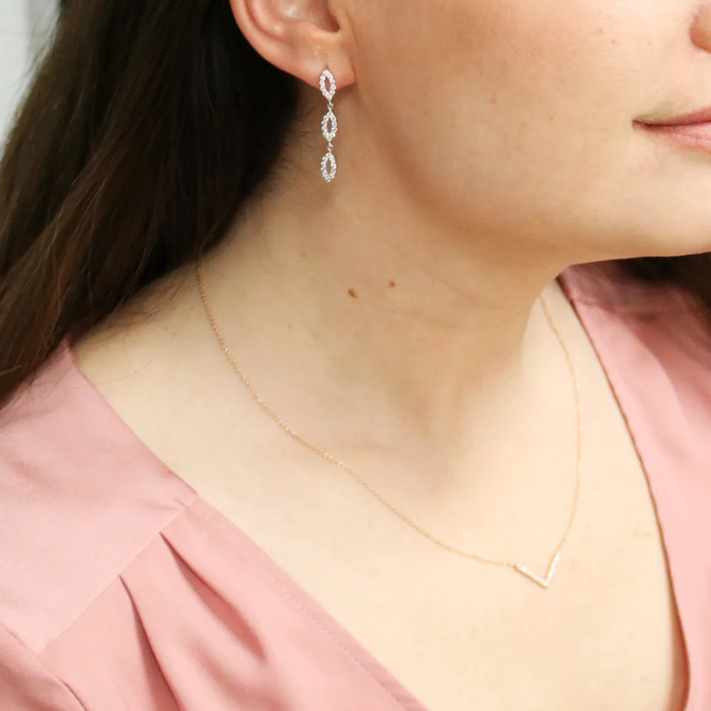 Marquise Three Drop Lab Created Diamond Earrings in Platinum on Model Design-016