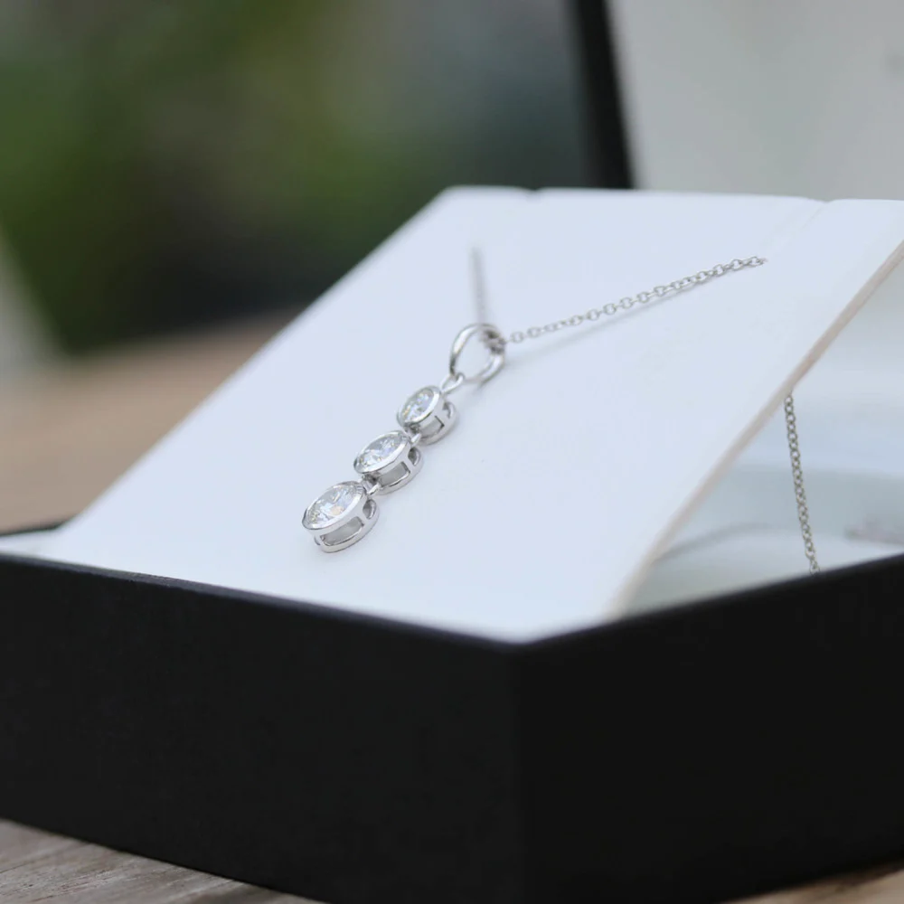 Triple Bezel Lab Created Diamond Necklace in Platinum Profile View Design-037