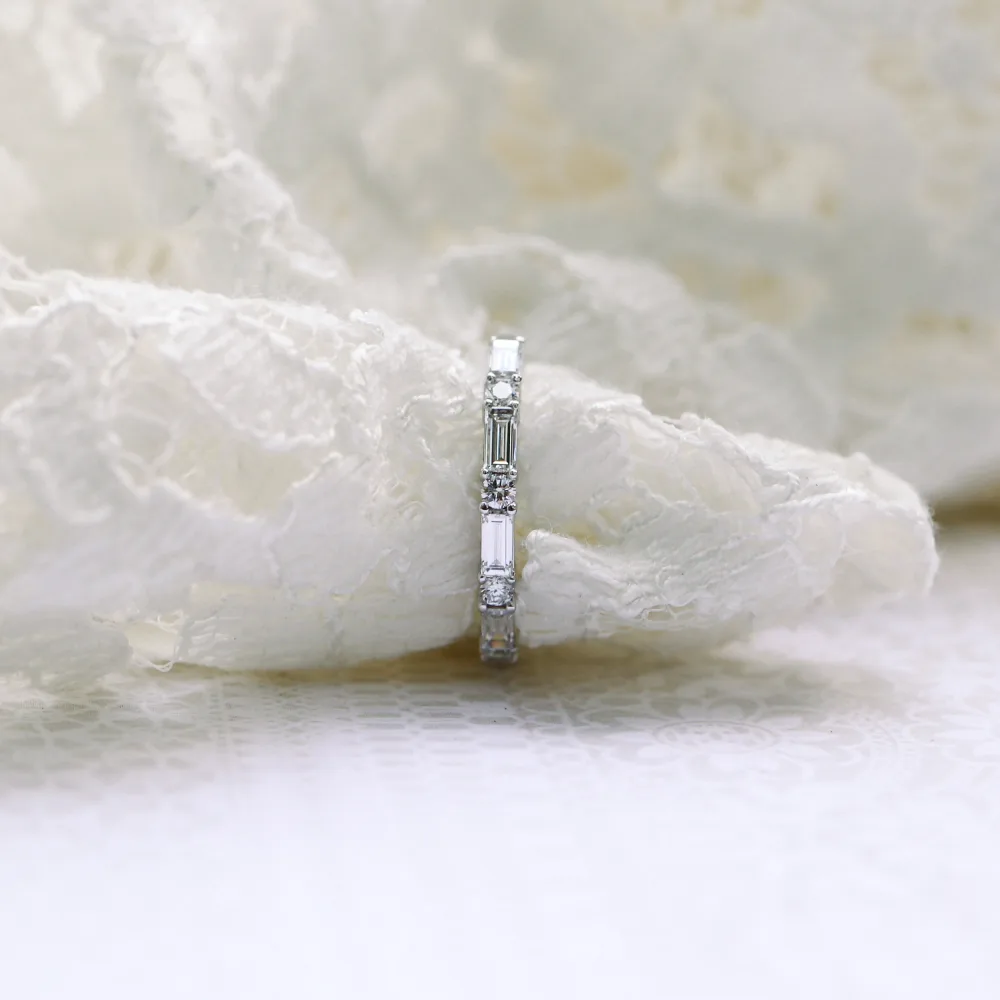 14k White Gold One Carat Round and Baguette Custom Lab Diamond Wedding Band Ada Diamonds Design AD-262 Artistic