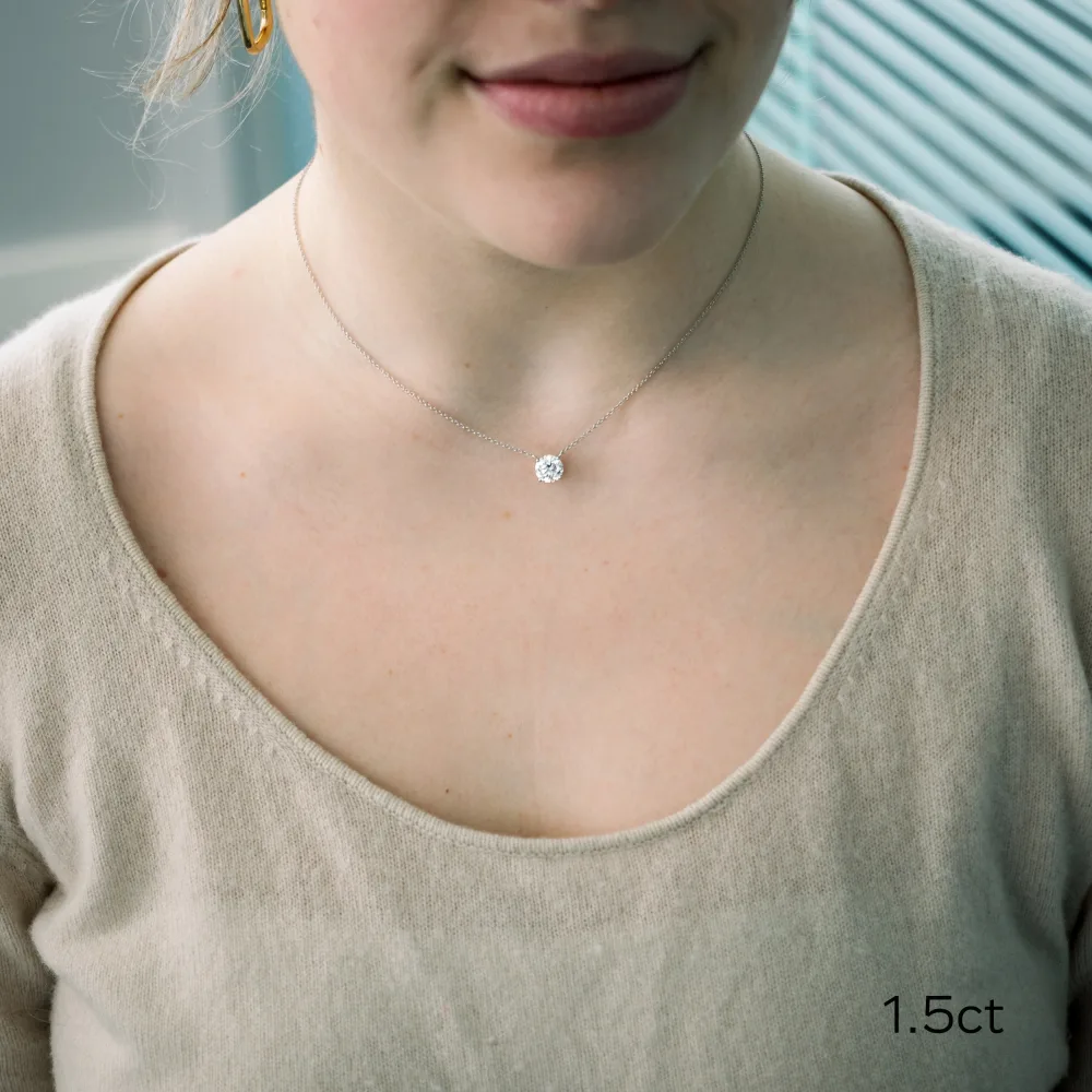 white gold 1.5 ct round lab diamond necklace on model