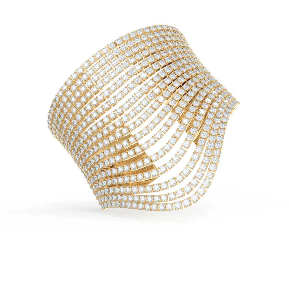 Waterfall Sixteen Rows of Lab Created Diamonds Cuff Bracelet in Yellow Gold Design-095