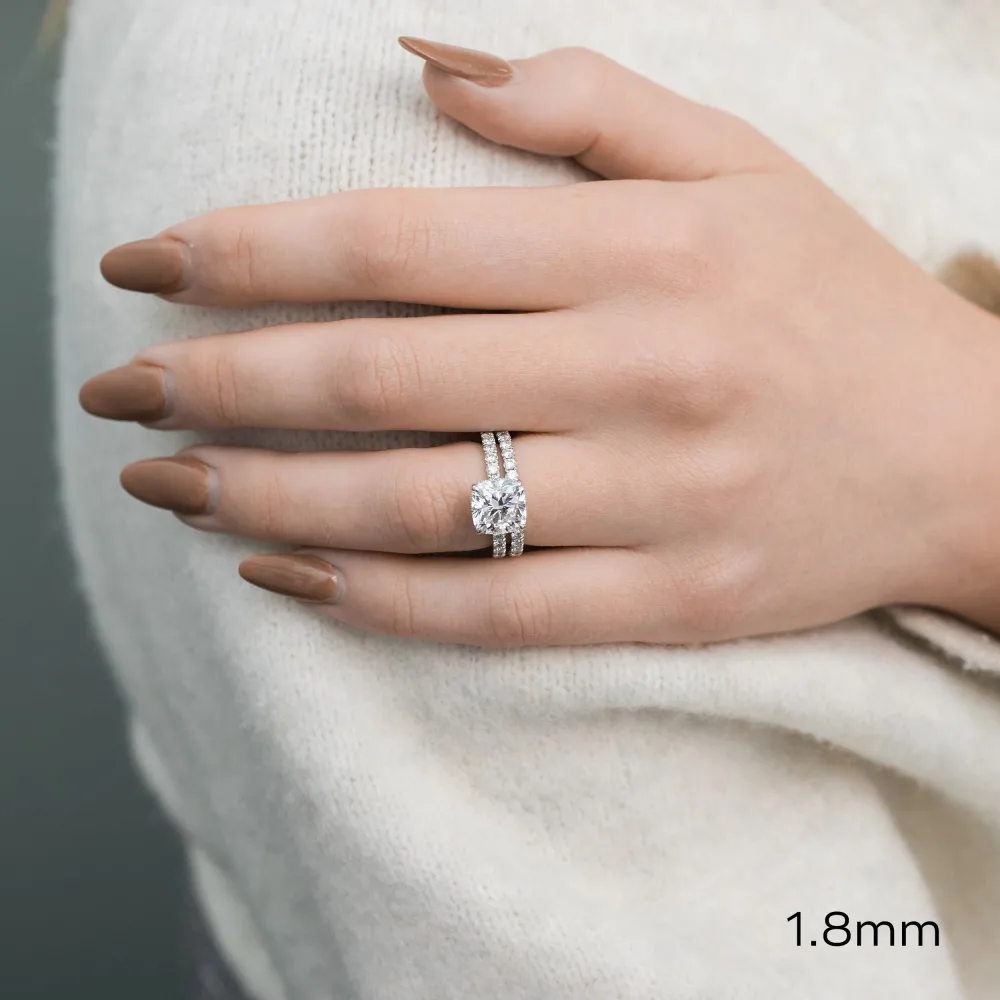 platinum lab diamond bridal set with 3ct cushion cut engagement ring and u pave eternity band on model ada diamonds ad214 and ad 082