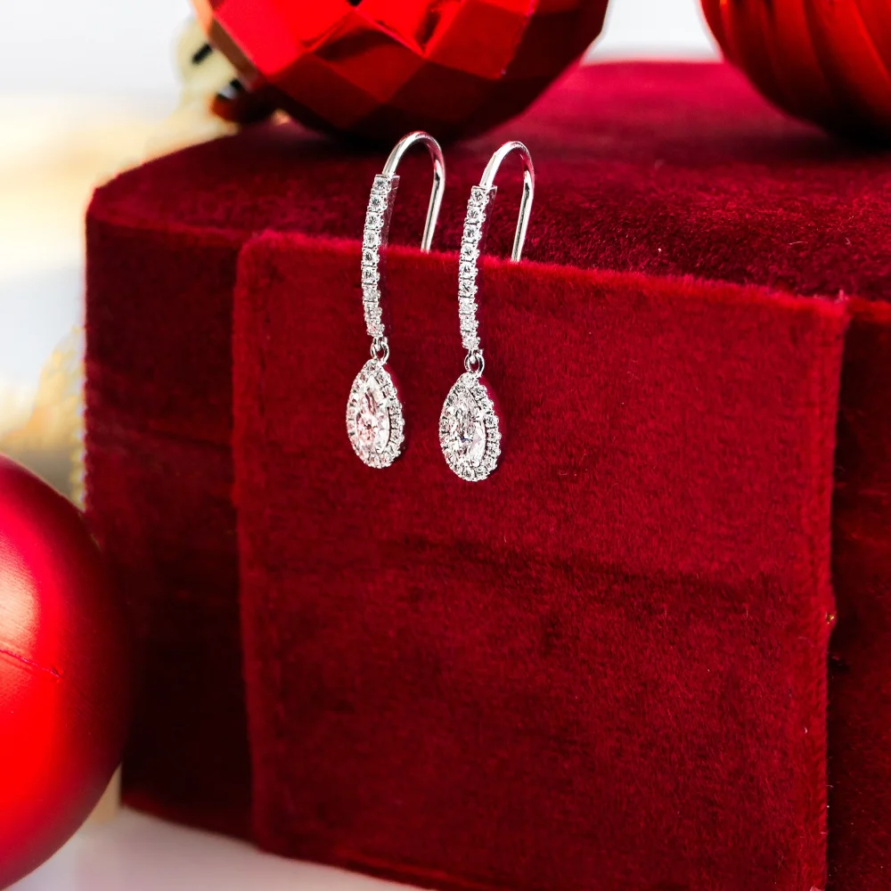 14k white gold 1 carat pear halo drop earrings featuring man made diamonds ada diamonds design ad 184