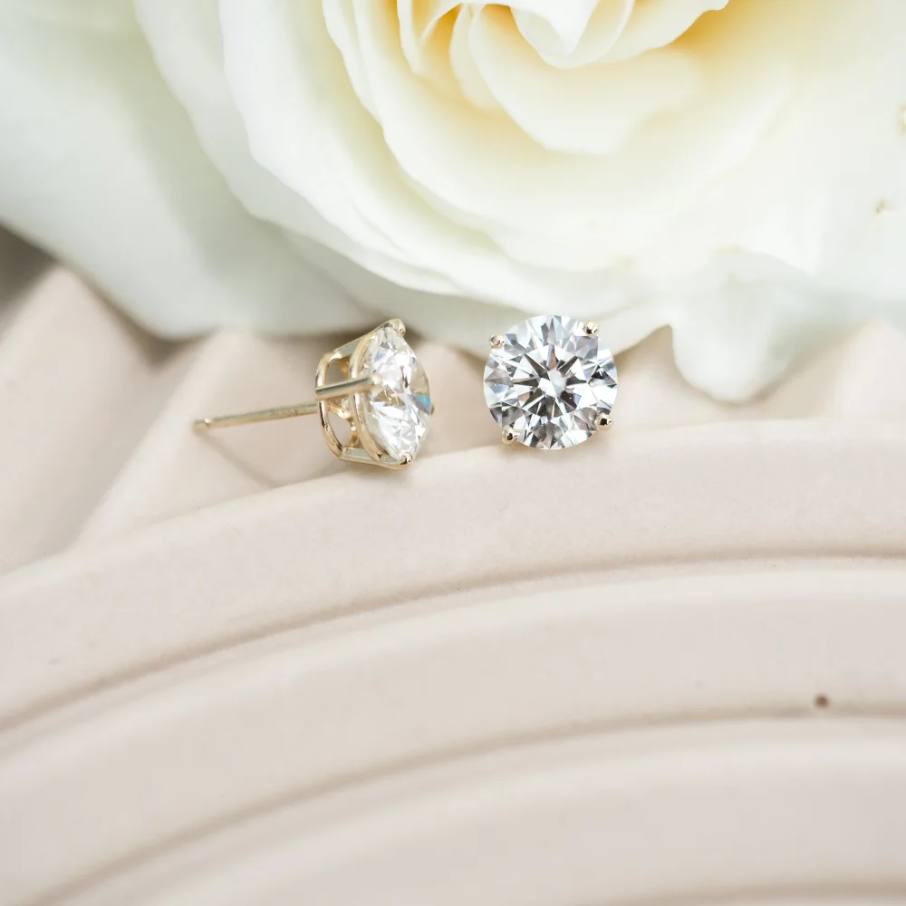 14k yellow gold 3.5 carat round studs with man made diamonds ada diamonds design 001 on model
