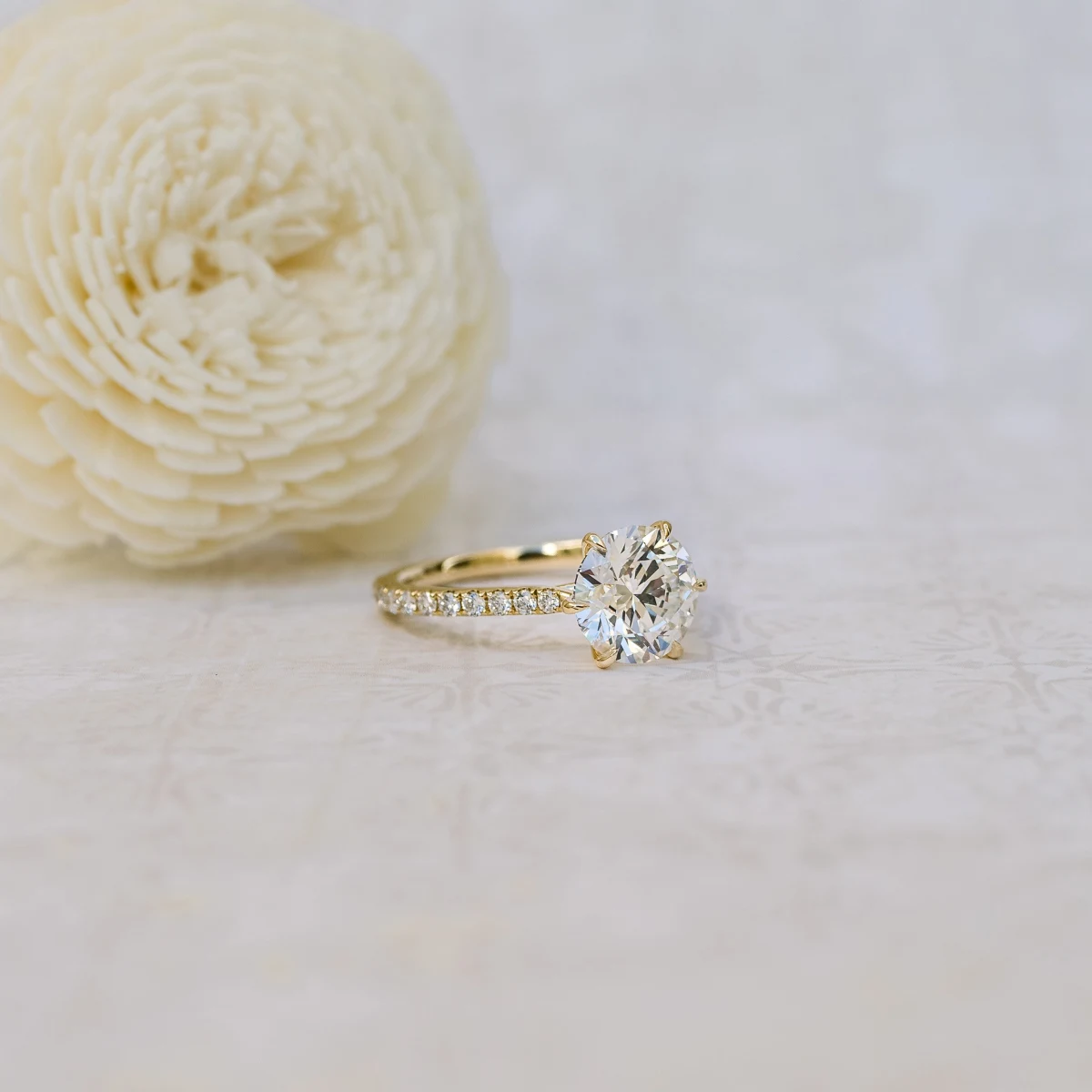 Round Trellis Six Prong Pavé Diamond Engagement Ring