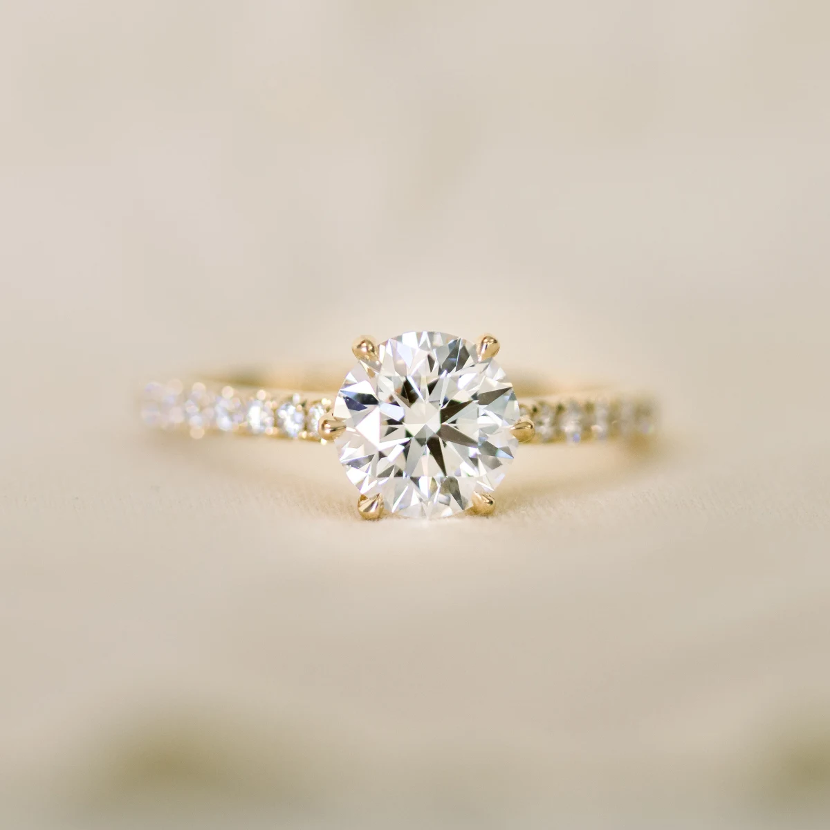 Round Cut Moissanite Engagement Ring, Pave Set Shoulders