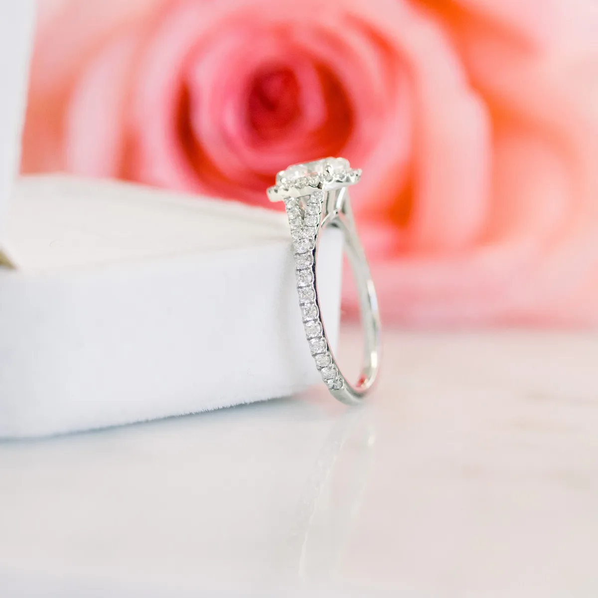 Single Halo Split Shank Diamond Engagement Ring