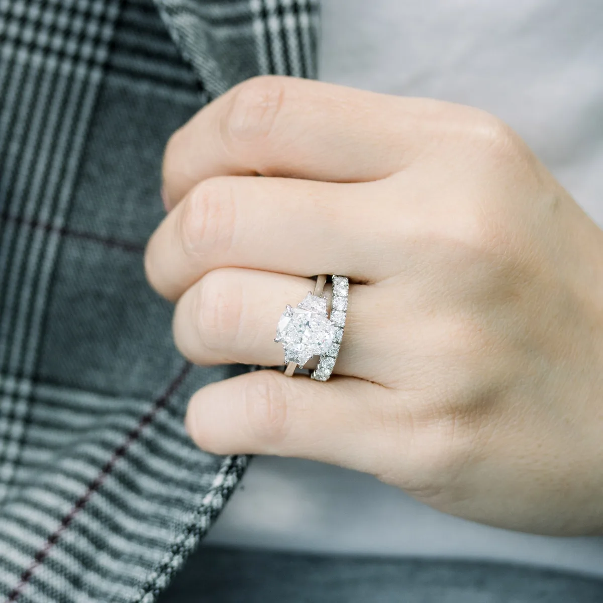 Cushion cut with clearance trapezoid side stones
