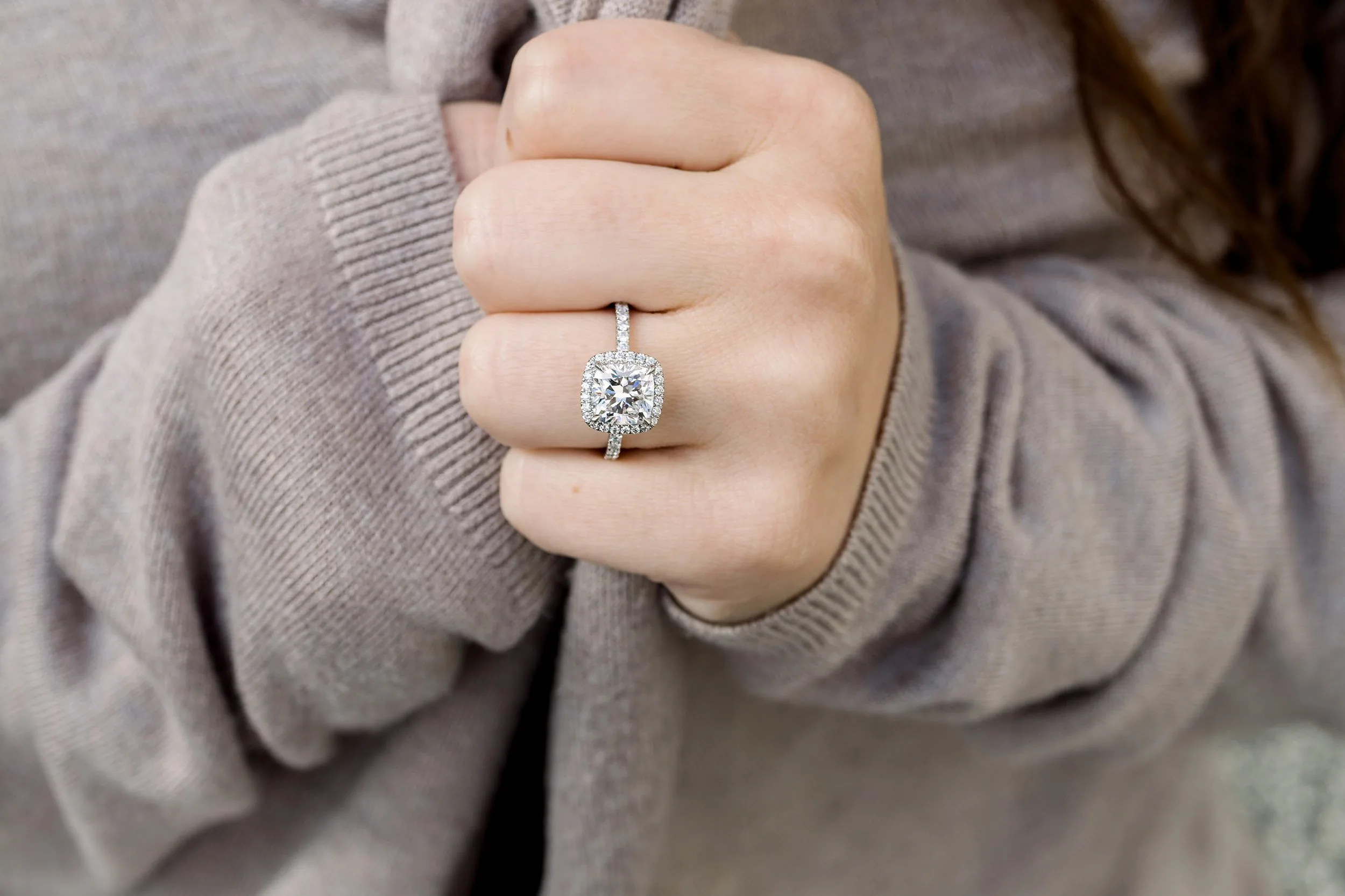 5 Carat Elongated Cushion Lab Grown Diamond & Cushion Pave Ring