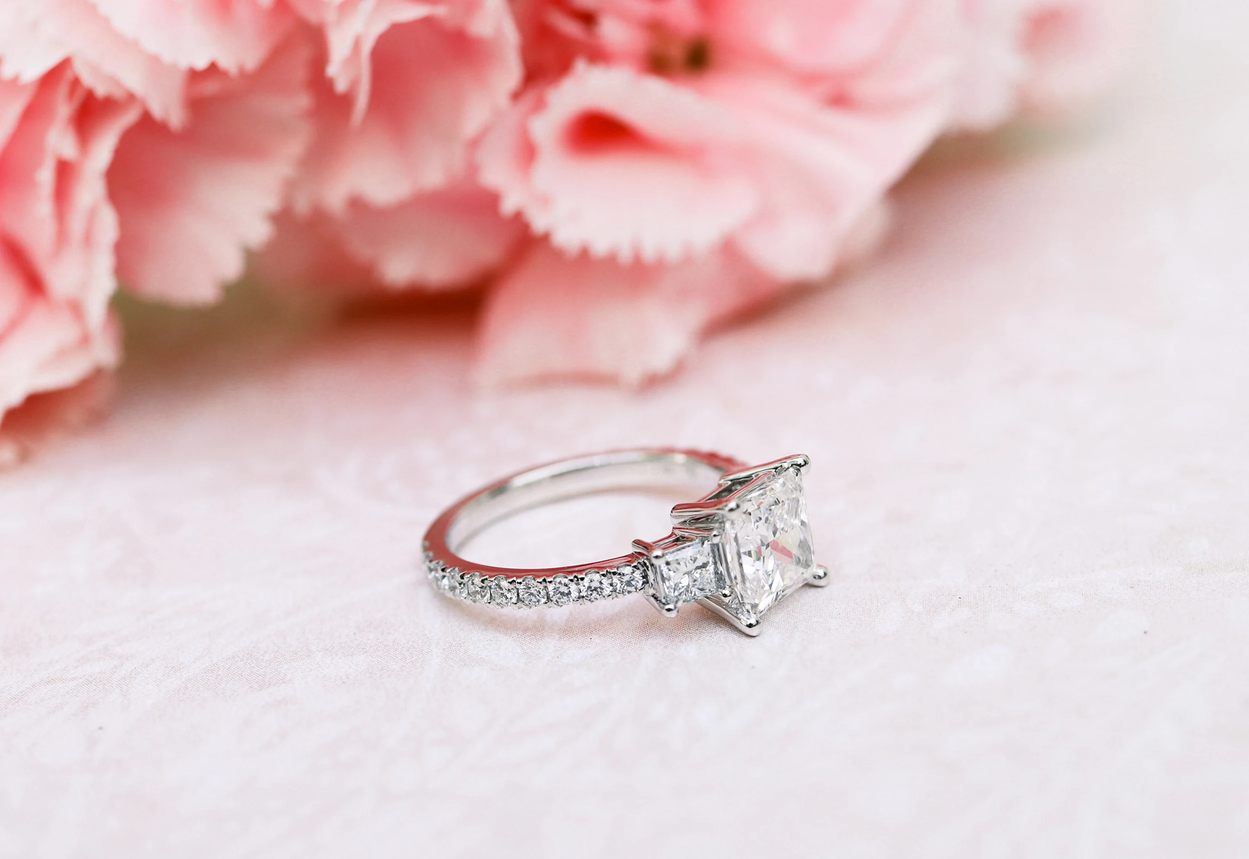 Princess Three Stone Pavé Diamond Engagement Ring