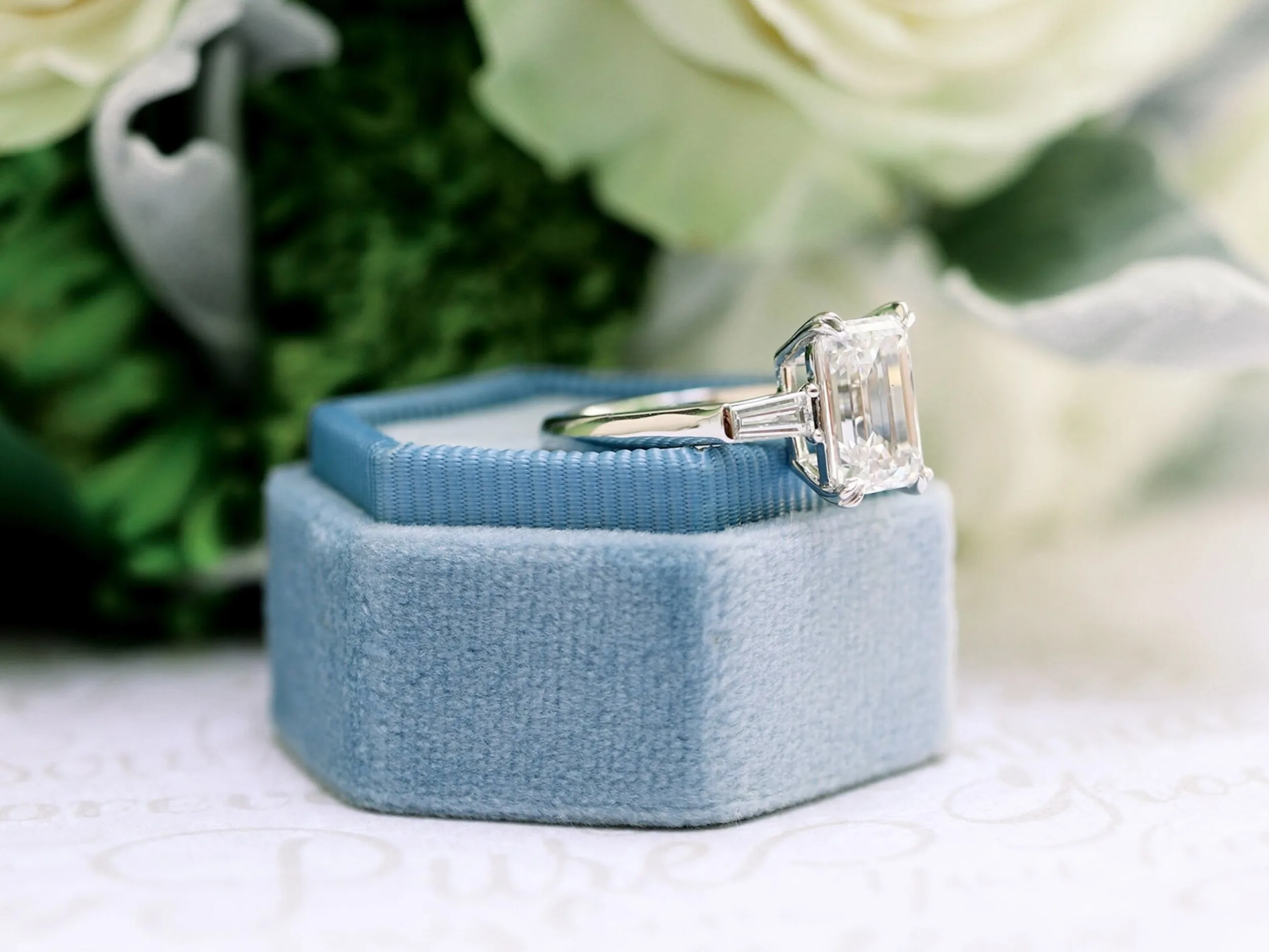 3.5 carat emerald cut three stone lab diamond engagement ring in platinum Ada Diamonds design ad 278 macro shot