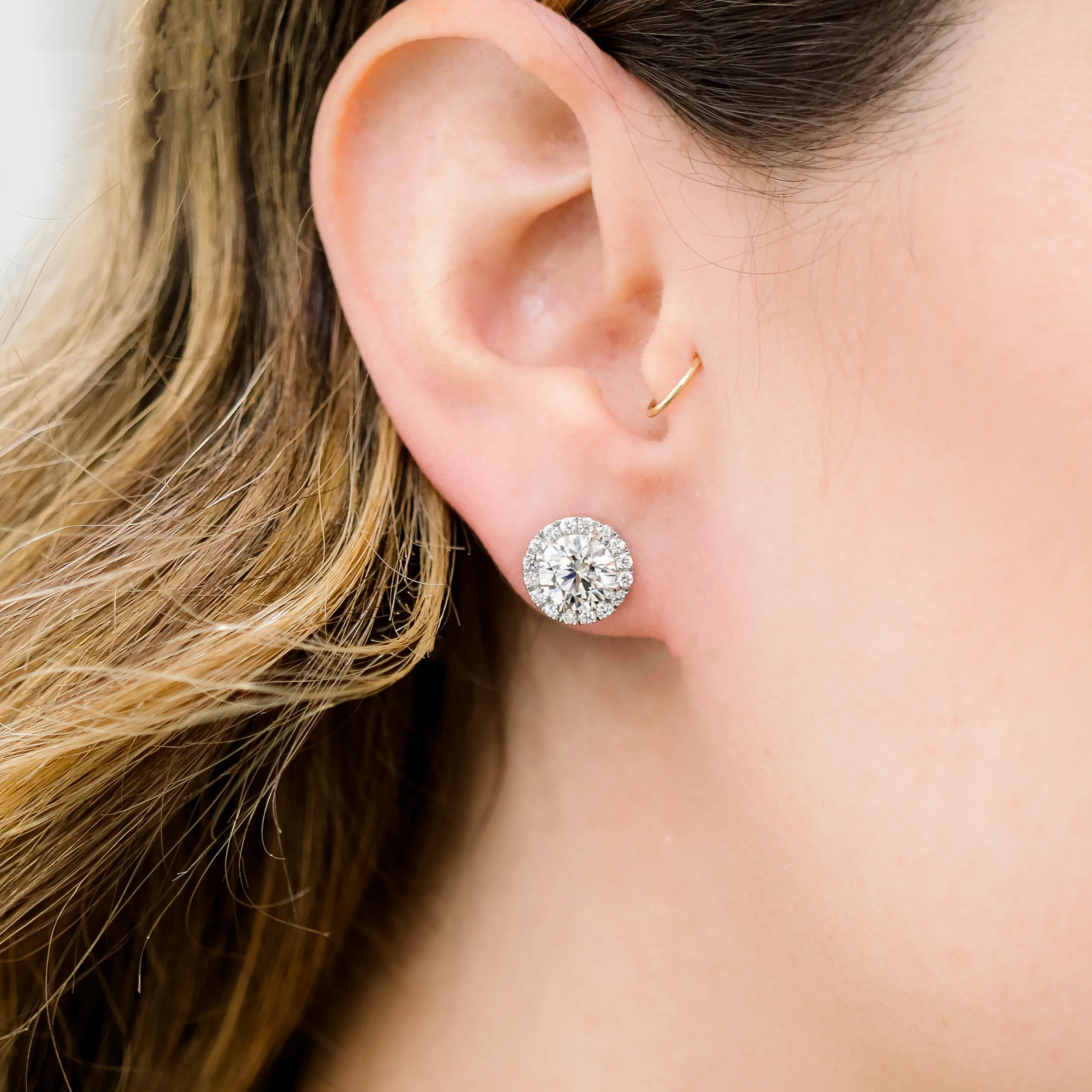 Platinum 1.85ctw Diamond Single Halo Round Stud Earrings in Platinum featuring 1.85 ctw Round Synthetic Diamonds (Profile View)