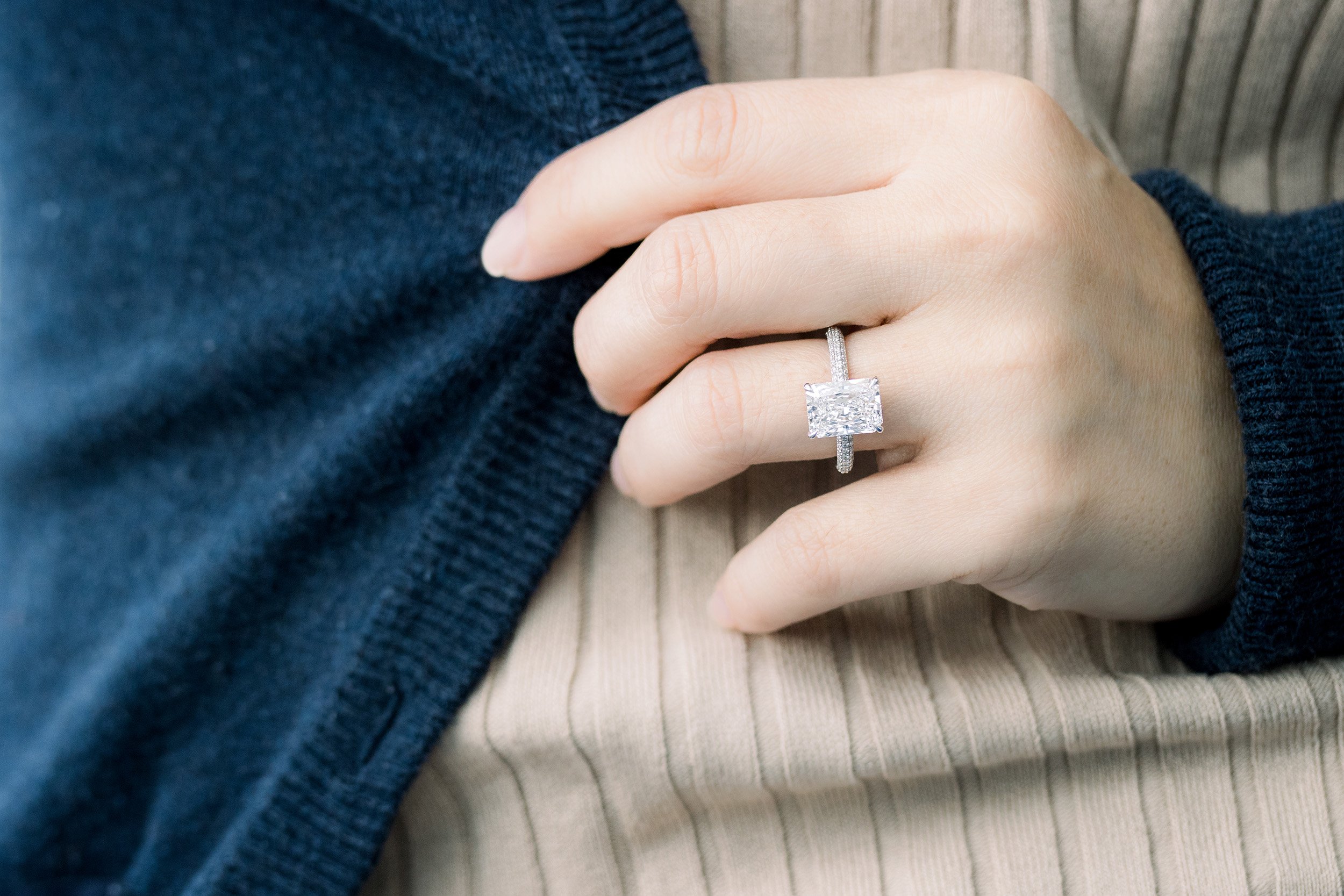 5 Carat Elongated Cushion Lab Grown Diamond & Cushion Pave Ring